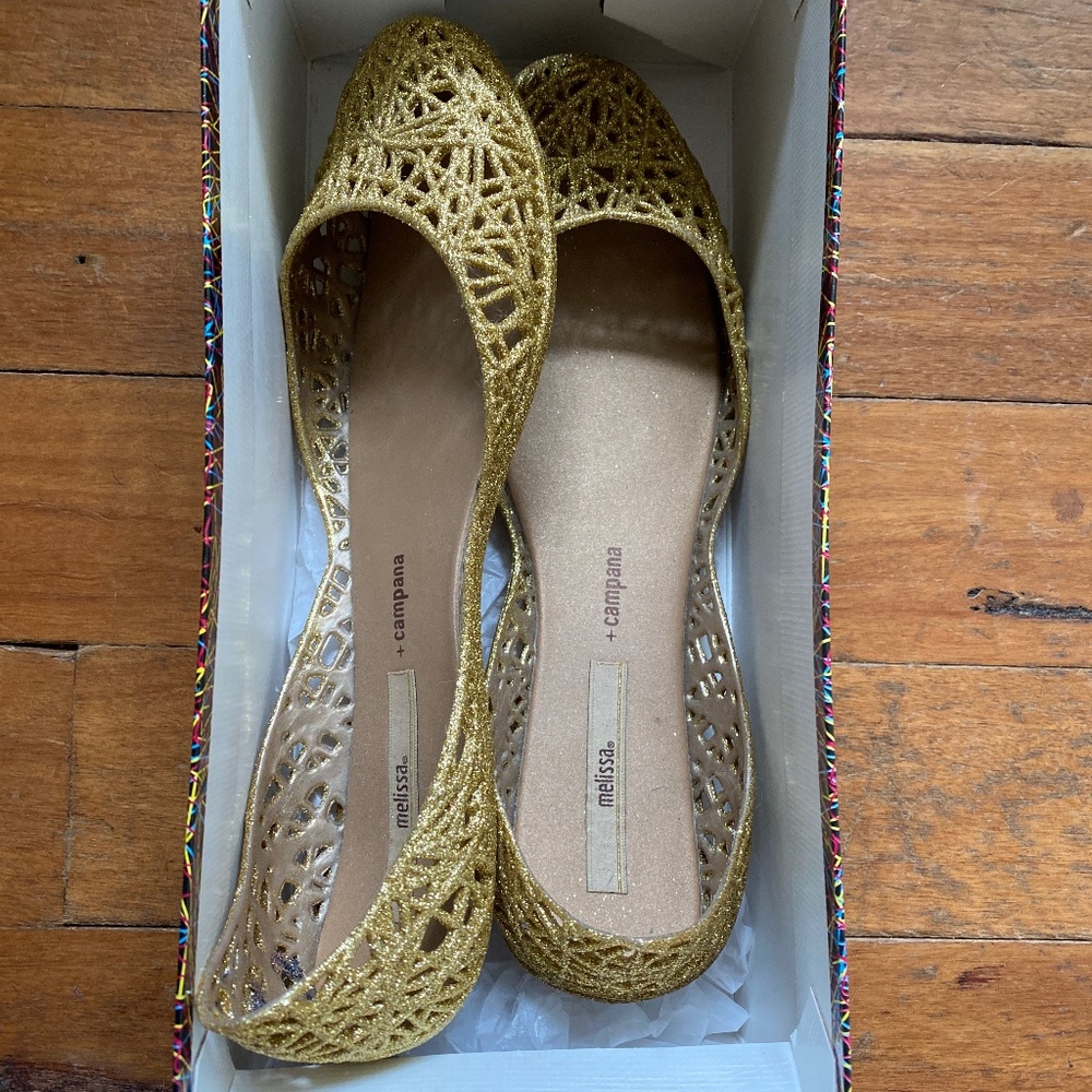 Melissa campana gold glitter crochet flats shoes size 10